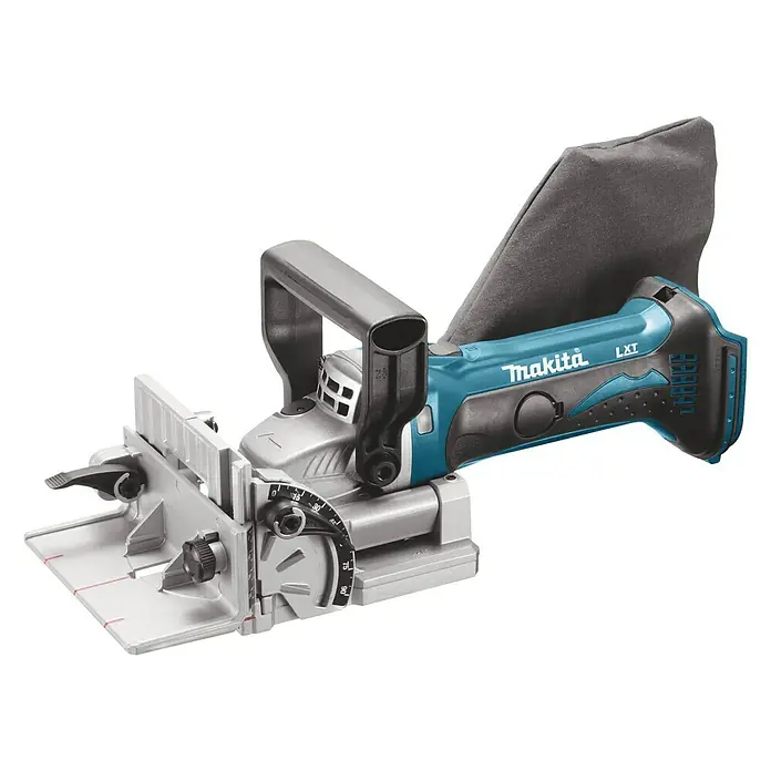 Makita LXT 18V Engalletadora de batería DPJ180Z - 18 V, Sin batería, Profundidad de corte: 20 mm - Fresadora de uniones Makita a batería con bolsa para polvo, ideal para trabajos de madera precisos. Potente y portátil para uso profesional.