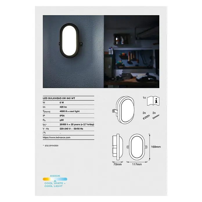 Osram LED-Außenwandleuchte Bulkhead - 5,5 W, 117 x 16,8 x 70 cm, Weiß, IP54 - Bild einer LED-Lampe mit 6W und 420lm, 4000K Farbtemperatur, IP54 Schutzart und den Maßen 70x117x168mm.