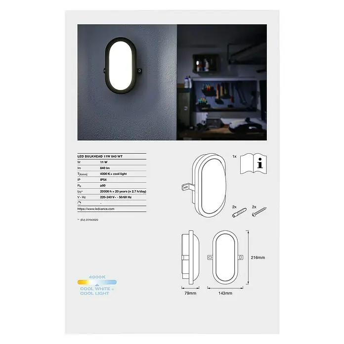 Osram LED-Außenwandleuchte Bulkhead - 11 W, 216 x 14,3 x 79 cm, Weiß, IP54 - LED Bulkhead 11W 840 WT: Technische Daten und Abmessungen der LED-Leuchte für Wandmontage, inklusive Montageanleitung und Zubehör.
