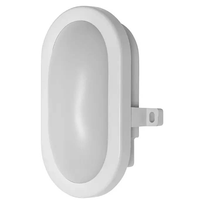 Osram LED-Außenwandleuchte Bulkhead - 5,5 W, 117 x 16,8 x 70 cm, Weiß, IP54 - Nahaufnahme einer weißen ovalen LED-Wandleuchte, die ein sanftes, diffuses Licht ausstrahlt und sich ideal für Flure oder Badezimmer eignet.