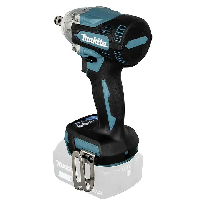 Makita LXT 18V Akku-Schlagschrauber DTW300Z + Artikelnr. 33855482 hinzufügen* - 18 V, Ohne Akku, 330 Nm, Max. Schlagzahl: 4.000 /min - Abbildung eines Makita Akku-Schlagschraubers mit blaugrünen Akzenten und einem schwarzen Griff. Das Gerät ist mit einem Akku ausgestattet.