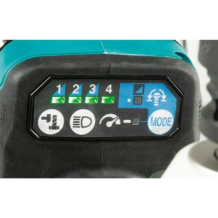 Makita LXT 18V Akku-Schlagschrauber DTW300Z + Artikelnr. 33855482 hinzufügen* - 18 V, Ohne Akku, 330 Nm, Max. Schlagzahl: 4.000 /min - Nahaufnahme der Digitalanzeige eines Makita-Werkzeugs, die verschiedene Einstellungen und Modi wie Drehzahl und Beleuchtung anzeigt.