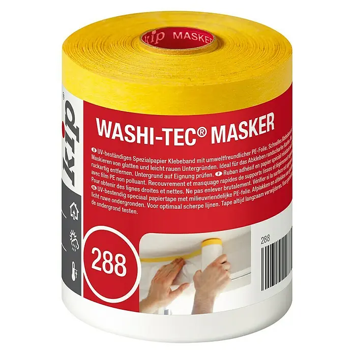 Kip Lámina protectora con borde adhesivo Washi-Tec 288 - 33 x 1,4 m - El Kip Washi-Tec Masker es una cinta de papel especial resistente a los rayos UV, ideal para enmascarar superficies lisas y ligeramente rugosas.