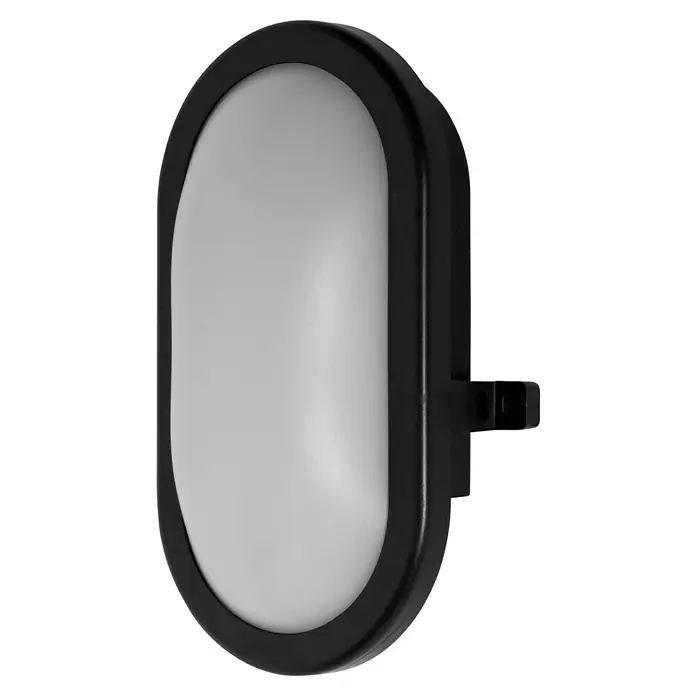 Osram LED-Außenwandleuchte Bulkhead - 11 W, 216 x 14,3 x 79 cm, Schwarz, IP54 - Nahaufnahme einer ovalen Wandleuchte mit schwarzem Rahmen und einer weißen, diffusen Abdeckung, die ein weiches Licht verbreitet.