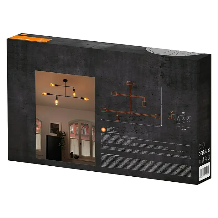 Ledvance Deckenleuchte 1906 PIPE - L x B x H: 80 x 15 x 510 cm, Stahl, E27 - Produktverpackung einer LED-Deckenleuchte in Schwarz mit minimalistischem Design, ideal für moderne Innenräume.