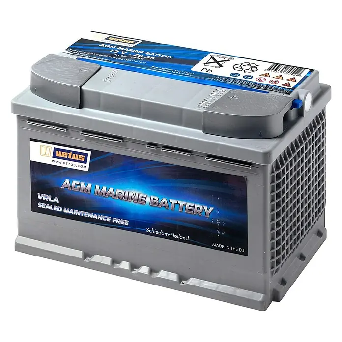 Vetus Bootsbatterie AGM - 70 Ah, 12 V - AGM Marinebatterie 12V-70Ah von Vetus, eine wartungsfreie VRLA-Batterie für den Einsatz auf See, hergestellt in der EU.\n