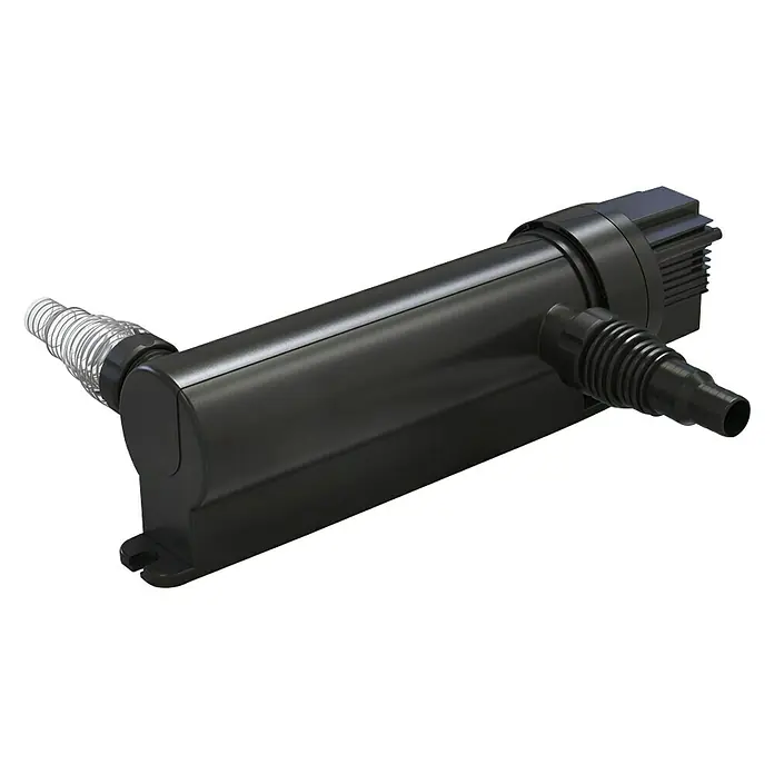 Pontec Vorklärgerät UVC Pondotronic - 7 m³, Max. Fördermenge: 700 l/h - Nahaufnahme eines schwarzen Teichklärers mit Anschlussstutzen auf einem schwarzen Hintergrund.
