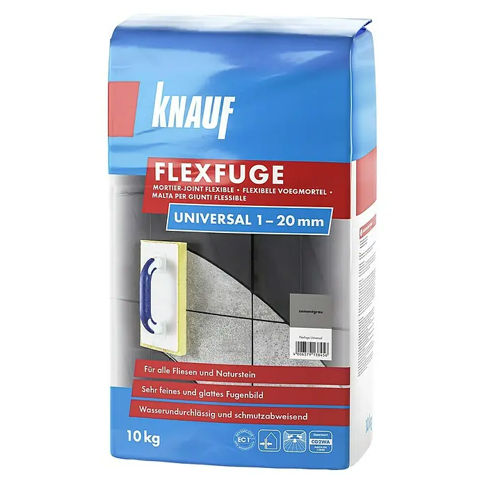 Knauf Flexfuge Universal - Zementgrau, 10 kg - Bild einer Packung Knauf Flexfuge Universal, einem flexiblen Fugenmörtel für Fliesen und Naturstein mit einer Fugenbreite von 1–20 mm.