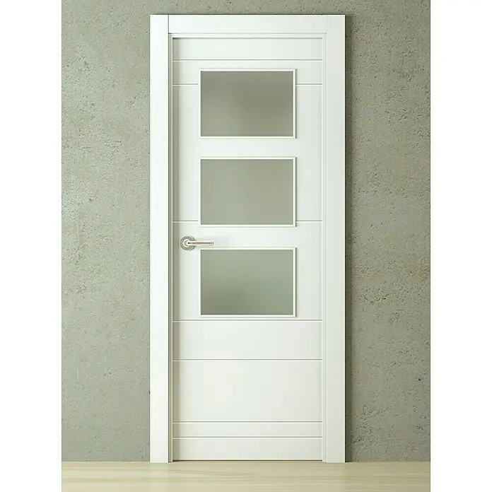 Pack puerta acristalada Maracay - 72,5 x 203 cm, Derecha, Blanco - Puerta interior blanca moderna con tres inserciones de vidrio rectangulares y manija plateada.