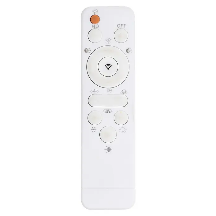Globo Deckenleuchte rund ANDI - 48 W, Ø x H: 500 mm x 9,6 cm - Nahaufnahme einer weißen Fernbedienung mit mehreren Tasten zur Steuerung eines elektronischen Geräts.