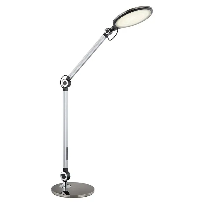 Globo LED-Tischleuchte - 9 W, L x B x H: 22,5 x 7,5 x 57,5 cm, Schwarz, Kaltweiß - Eine elegante, verstellbare Schreibtischleuchte in Silber und Schwarz mit einem runden LED-Leuchtkopf, ideal für modernes Arbeiten.