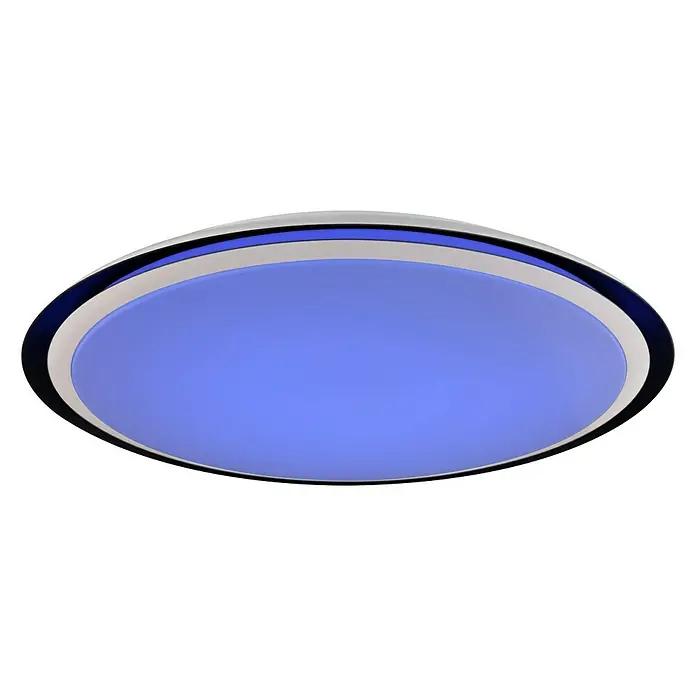 Globo Deckenleuchte rund XAVER - 40 W, Ø x H: 560 mm x 8,5 cm - Nahaufnahme einer modernen runden LED-Deckenleuchte mit blauem Licht, ideal für stilvolle Innenräume.