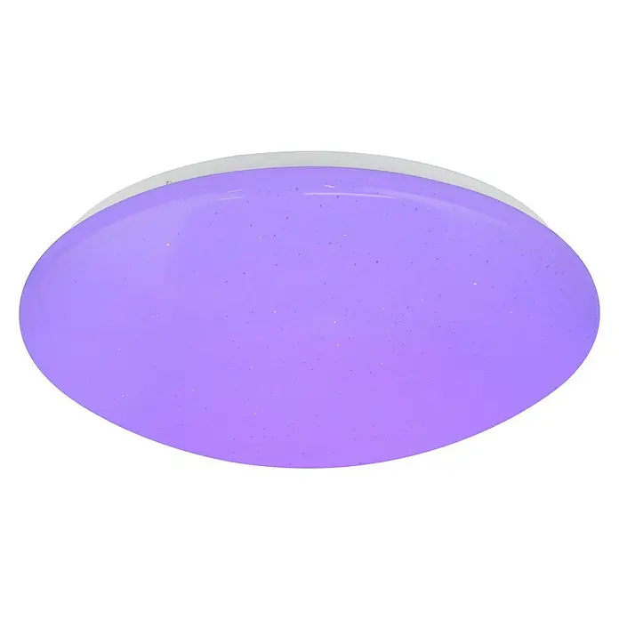 Globo Deckenleuchte rund ATREJU I - 24 W, Ø x H: 390 mm x 11 cm - Nahaufnahme einer LED-Deckenleuchte mit violettem Farbton und weißem Rahmen vor schwarzem Hintergrund.