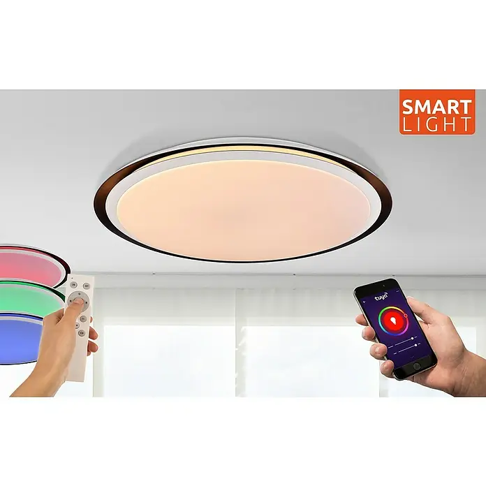 Globo Deckenleuchte rund XAVER - 40 W, Ø x H: 560 mm x 8,5 cm - Intelligente Deckenleuchte mit Fernbedienung und Smartphone-App zur einfachen Steuerung der Helligkeit und Farbe. Modernes Design für Ihr Zuhause.