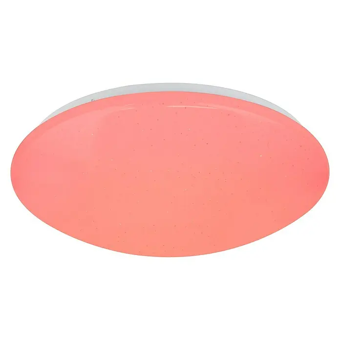 Globo Deckenleuchte rund ATREJU I - 24 W, Ø x H: 390 mm x 11 cm - Nahaufnahme einer LED-Deckenleuchte mit rosafarbenem Schirm und weißem Rand, die ein sanftes, stimmungsvolles Licht verströmt.