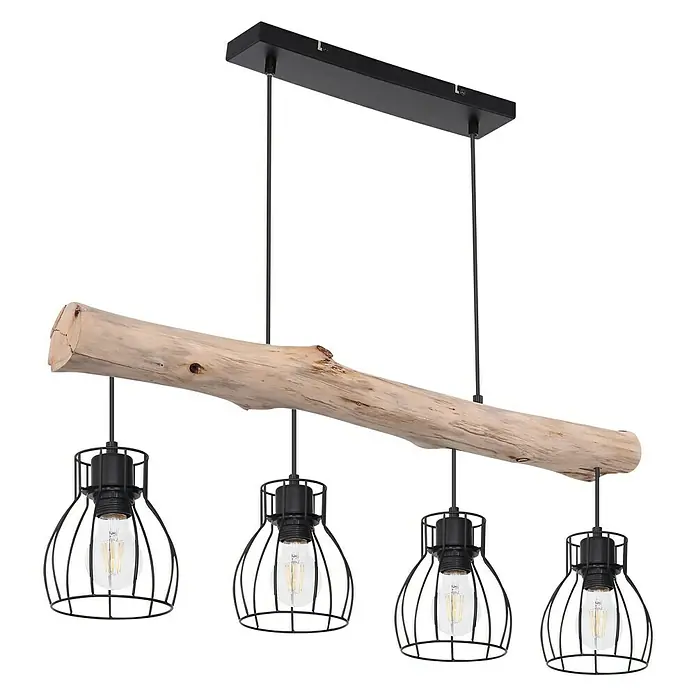 Globo Mina Pendelleuchte - 40 W, L x B x H: 82,5 x 13,6 x 140 cm, Schwarz, E27, 4 Stk. - Rustikale Hängeleuchte mit vier schwarzen Lampenschirmen und einem Holzbalken, die eine warme und gemütliche Atmosphäre schafft.