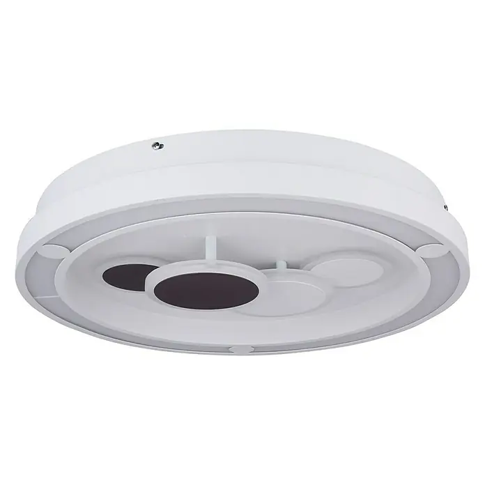 Globo Deckenleuchte rund KOLLI - 50 W, Ø x H: 480 mm x 10 cm - Nahaufnahme einer runden, weißen LED-Deckenleuchte mit dekorativen Kreisen und dunklen Akzenten auf schwarzem Hintergrund.