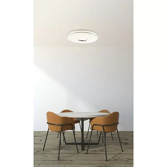 Globo Deckenleuchte rund RENA - 60 W, Ø x H: 490 mm x 7,8 cm - Runde, weiß-silberne Deckenleuchte, die einen modernen Essbereich beleuchtet.