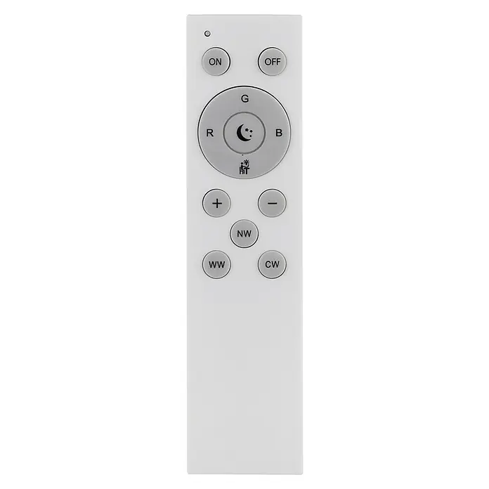 Globo Deckenleuchte rund XAVER - 40 W, Ø x H: 560 mm x 8,5 cm - Weiße Fernbedienung mit grauen Tasten für Lichtsteuerung, inklusive Ein/Aus, Farbauswahl (RGB), Helligkeit, und Farbtemperatur-Einstellungen.
