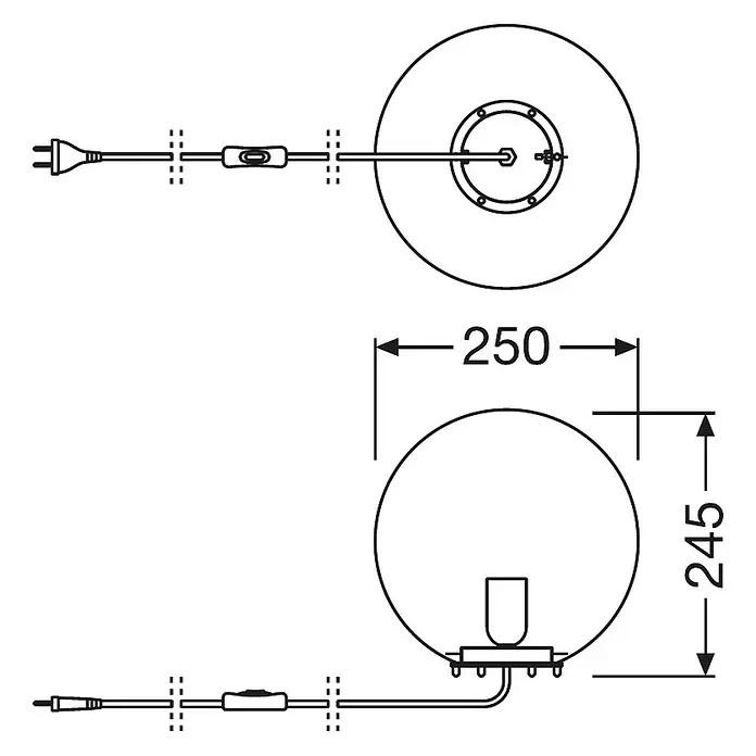 Ledvance Deko-Tischleuchte BUBBLE - L x B x H: 25 x 25 x 245 cm, Orange, E27 - Eine schematische Darstellung einer kugelförmigen Lampe mit den Maßen 250 x 245 mm, inklusive Kabel und Schalter.