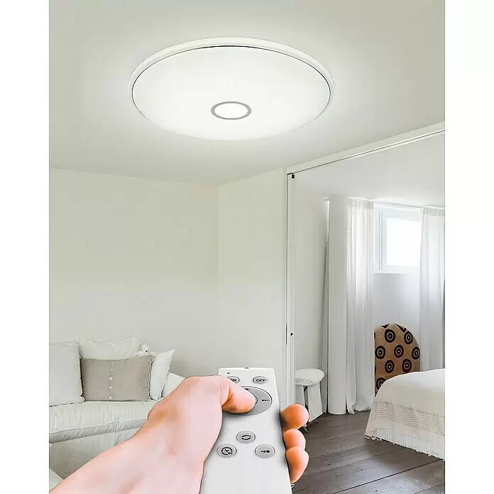 Globo Deckenleuchte rund CONNOR - 80 W, Ø x H: 78,5 x 80 cm - Runde weiße LED-Deckenleuchte mit Sterneffekt, beleuchtet und mit Fernbedienung in einem modernen Raum gesteuert.