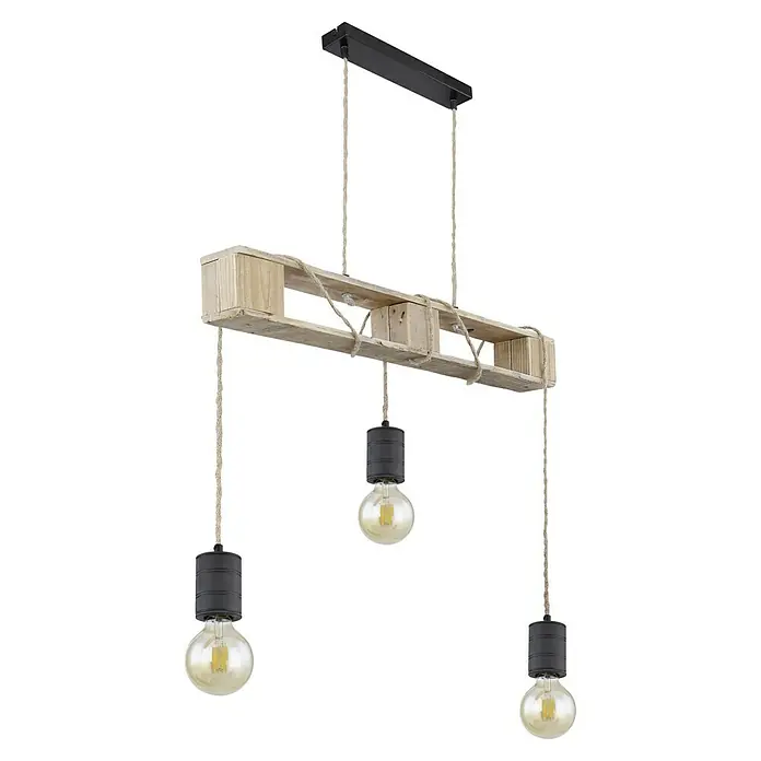 Globo Pendelleuchte JOELLE - 60 W, L x B x H: 18 x 11,5 x 85,5 cm, Schwarz, E27 - Eine rustikale Hängelampe mit einem Holzbalken und drei Glühbirnen, die eine warme Atmosphäre schafft.