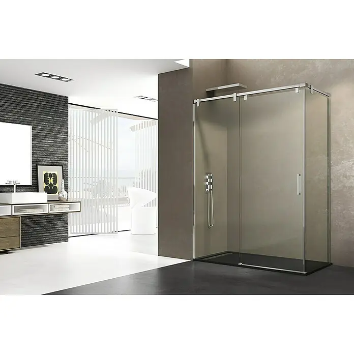 GME Mampara de ducha frontal Futura - L x An x Al: 90 x 170 x 200 cm, Plata brillo, Espesor de vidrio: 6 mm, Vidrio transparente - Elegante baño con una moderna mampara de ducha con puerta corredera, destacando su diseño minimalista.