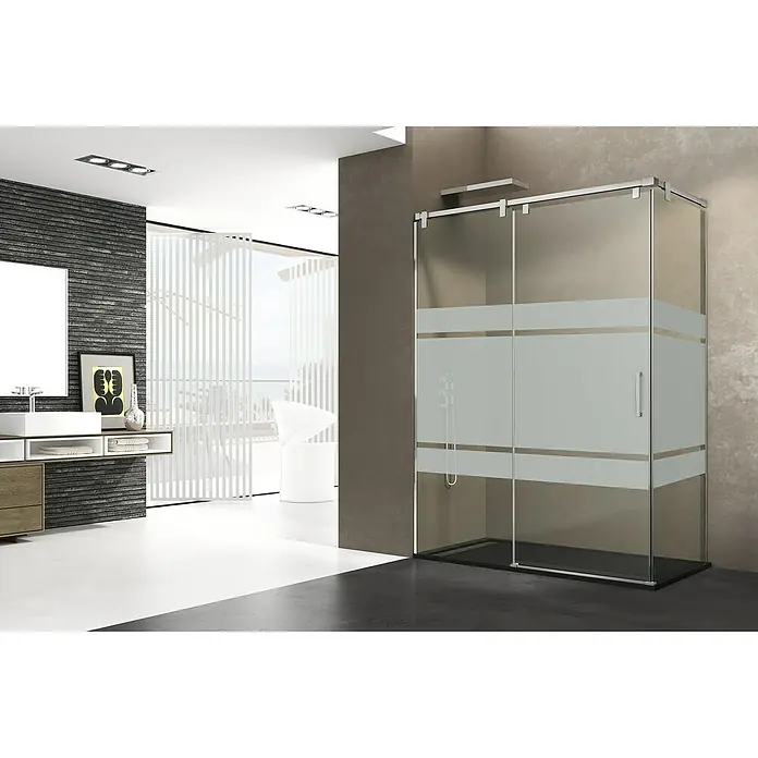 GME Mampara de ducha frontal Futura - L x An x Al: 70 x 120 x 200 cm, Plata brillo, Espesor de vidrio: 6 mm, Vidrio serigrafiado - Moderno baño con ducha a ras de suelo, puertas correderas y vidrio esmerilado para mayor privacidad.