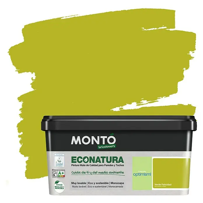 Montó Bricolovers Pintura para paredes EcoNatura - Verde Felicidad, Mate, 4 l - Bote de pintura para paredes Montó Econatura en Verde Felicidad, pintura mate para paredes y techos, ecológica y reciclada.