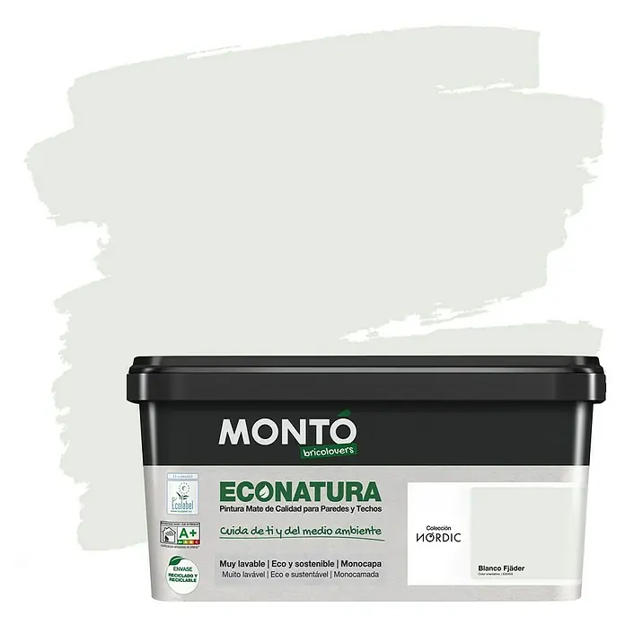 Montó Bricolovers Pintura para paredes EcoNatura - Blanco Fjader, Mate, 4 l - Monto Econatura, pintura mate para paredes y techos en blanco. Pintura ecológica para un hogar saludable.