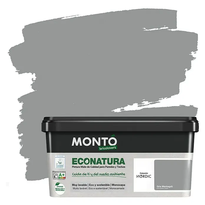 Montó Bricolovers Pintura para paredes EcoNatura - Gris Morkegra, Mate, 4 l - Bote de pintura gris para paredes y techos Montó Econatura. La pintura es ecológica, mate, apta para interiores y muy eficiente.