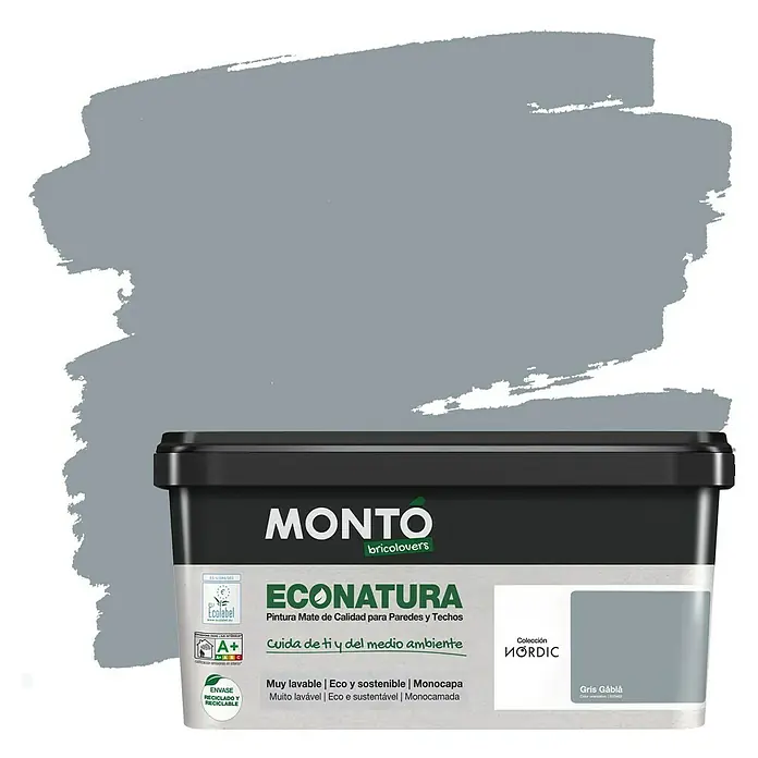 Montó Bricolovers Pintura para paredes EcoNatura - Gris Gabla, Mate, 4 l - Bote de pintura MONTO bricolovers ECONATURA, pintura mate de calidad para paredes y techos, color Gris Gåblå, ecológica y reciclable.