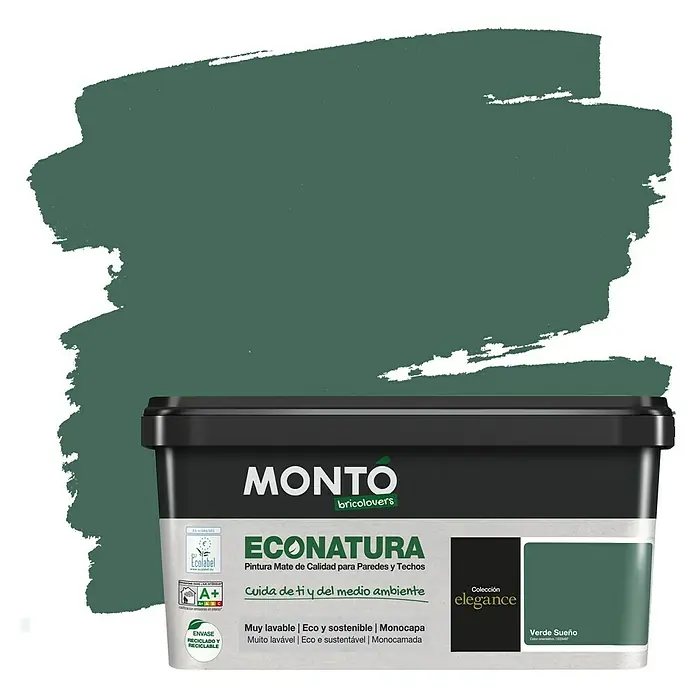 Montó Bricolovers Pintura para paredes EcoNatura - Verde Sueño, Mate, 4 l - Pintura mate para paredes y techos MONTO Econatura. Pintura ecológica para un hogar elegante en verde.