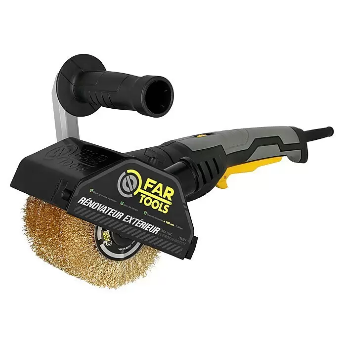 Fartools Lijadora multifunción eléctrica  REX 120D - 1.300 W - Renovador exterior FAR TOOLS con cuerpo negro y amarillo y cepillo de alambre de latón grande para limpieza.