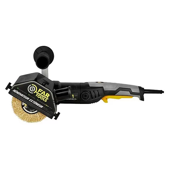 Fartools Lijadora multifunción eléctrica  REX 120D - 1.300 W - Renovador de superficies exteriores FAR TOOLS negro, gris y amarillo con cepillo de alambre de latón.