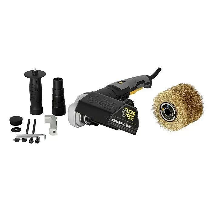 Fartools Lijadora multifunción eléctrica  REX 120D - 1.300 W - Herramienta renovadora exterior FAR TOOLS gris y negra con cepillo de latón, mango y accesorios.