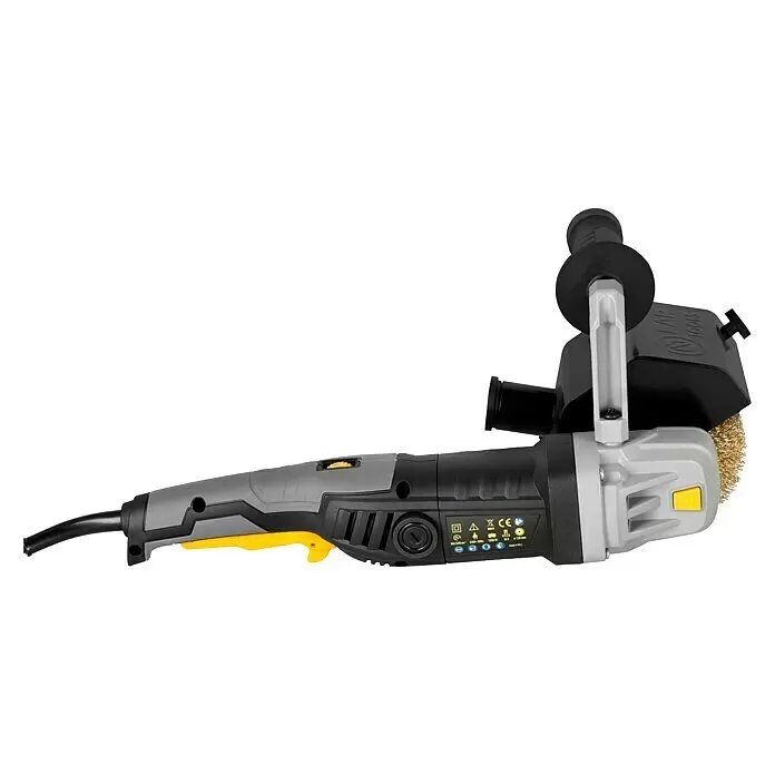 Fartools Lijadora multifunción eléctrica  REX 120D - 1.300 W - Máquina de tratamiento de superficies gris y negra con detalles amarillos y un cepillo de alambre de latón.