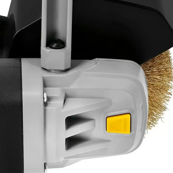 Fartools Lijadora multifunción eléctrica  REX 120D - 1.300 W - Primer plano de una herramienta eléctrica gris con botón amarillo y cepillo de alambre de latón.