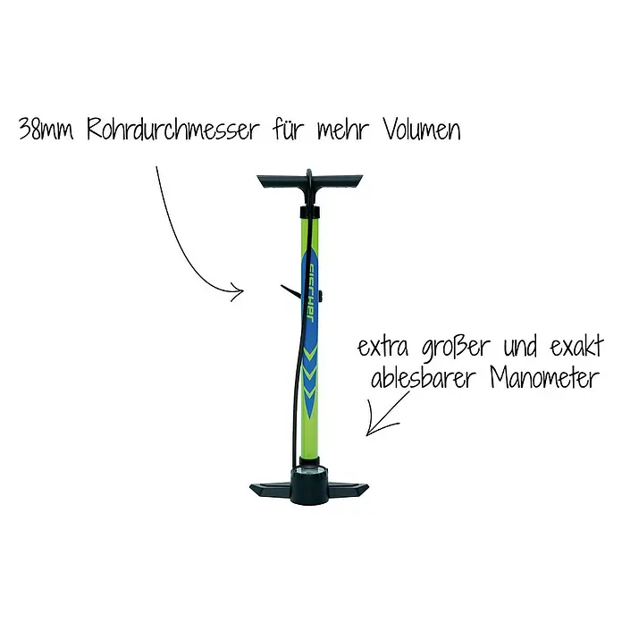 Fischer Standpumpe Plus Volume - Adapter für alle Ventile, 5,5 bar - Fahrradpumpe mit 38 mm Rohrdurchmesser für mehr Volumen und extra großem, exakt ablesbarem Manometer für präzises Aufpumpen.