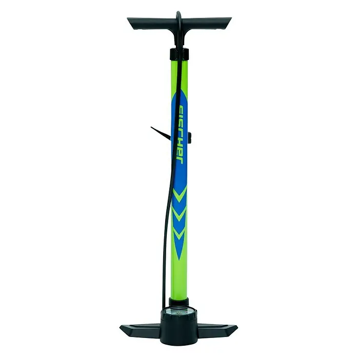 Fischer Standpumpe Plus Volume - Adapter für alle Ventile, 5,5 bar - Eine grüne und blaue FISCHER-Fahrradstandpumpe, ideal zum einfachen Aufpumpen von Fahrradreifen. Robust und benutzerfreundlich.