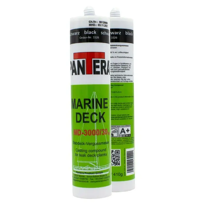 Pantera Vergussmasse MARINE DECK MD-3000/30 V3 - 290 ml, Schwarz - Zwei Tuben Pantera Marine Deck MD-3000/30V3, ein hochwertiges Dichtmittel für Teakdecks, mit technischen Details und Firmeninformationen.