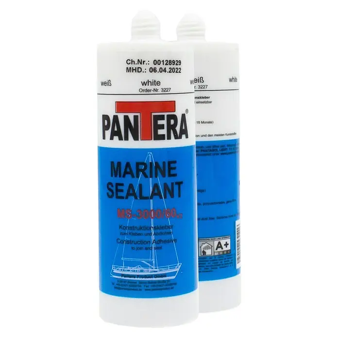 Pantera Konstruktionskleber MARINE SEALANT MS-3000/60 V2150 ml, Weiß - Zwei weiße Pantera Marine Sealant MS-3000/60 Klebstoffflaschen, ideal zum Kleben und Abdichten im Marinebereich.