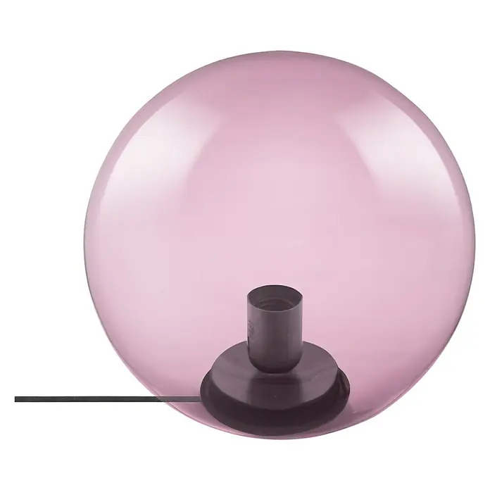Ledvance Deko-Tischleuchte BUBBLE - L x B x H: 25 x 25 x 245 cm, Pink, E27 - Nahaufnahme einer stilvollen rosafarbenen Kugel-Tischleuchte mit einem schwarzen Sockel, die ein sanftes, einladendes Licht verspricht.