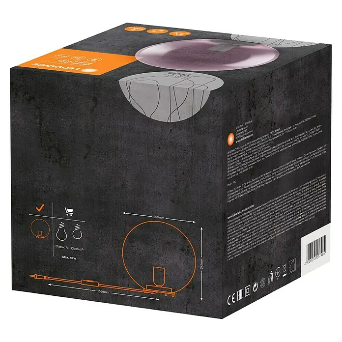 Ledvance Deko-Tischleuchte BUBBLE - L x B x H: 25 x 25 x 245 cm, Pink, E27 - Produktverpackung von LEDVANCE mit Produktdetails und technischen Zeichnungen, die Design und Abmessungen hervorheben.