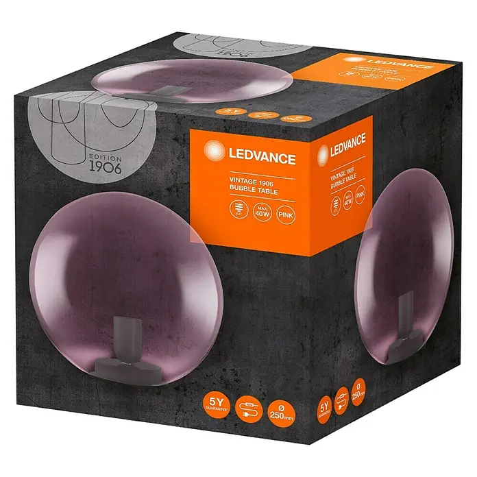 Ledvance Deko-Tischleuchte BUBBLE - L x B x H: 25 x 25 x 245 cm, Pink, E27 - Eine Nahaufnahme der Verpackung einer LEDVANCE Vintage 1906 Bubble Table Lampe in Rosa.