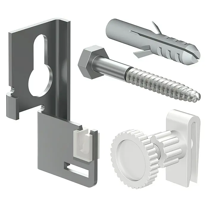 Laschen-Aufhänge-Set - 2 Stk. - Nahaufnahme eines Set aus Wandbefestigungselementen, inklusive Schraube, Dübel und Montageteilen, ideal für sichere Wandinstallationen.