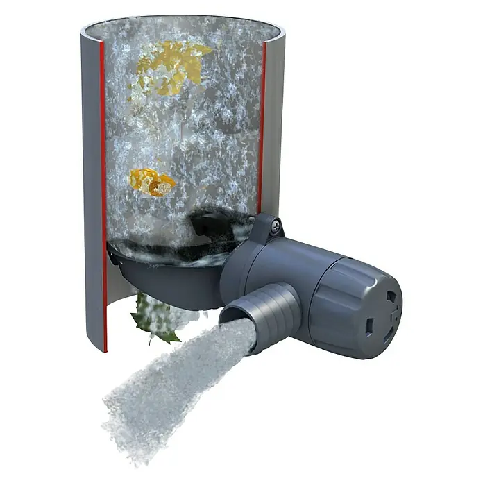 Garantia Regensammler Rapido - Geeignet für: Fallrohrgrößen DN 70 - 100 - Querschnitt eines Abflussrohrs mit Verstopfung und Abflussrohrreiniger. Rohrreiniger löst die Verstopfung auf und befreit das Rohr.