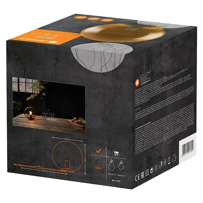 Ledvance Deko-Tischleuchte BUBBLE - L x B x H: 25 x 25 x 245 cm, Orange, E27 - Produktverpackung von LEDVANCE mit Größenangaben, Symbolen und Produktbildern.