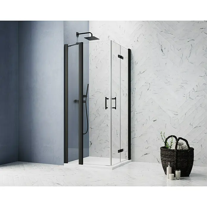 GEO Hit Pro Eckdusche B-PE240 - 90 x 100 x 202,2 cm, Beschichtet, Schwarz, Glasstärke: 6 mm - Schwarze Duschkabine mit klaren Glaswänden vor einer Marmorwand. Die Dusche hat einen modernen und eleganten Look.