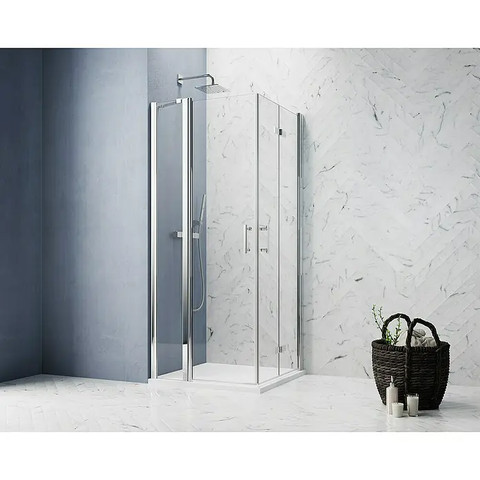 GEO Hit Pro Eckdusche B-PE240 - 90 x 80 x 202,2 cm, Beschichtet, Chrom, Glasstärke: 6 mm - Elegante Eckdusche mit klaren Glaswänden und Chromrahmen, die ein modernes Badezimmerdesign ergänzt und für ein offenes Raumgefühl sorgt.